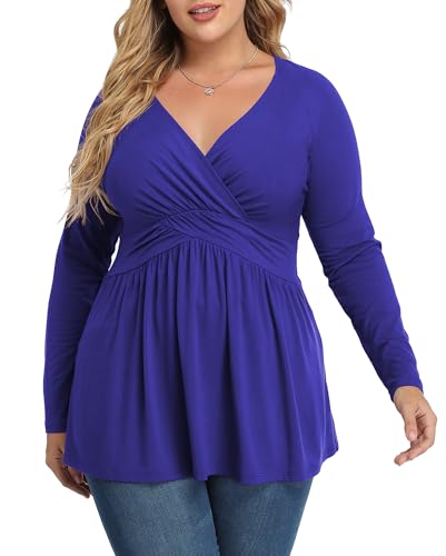 TIANZHU Women's Plus Size V Neck Tunics Tops, Royal Blue, XL