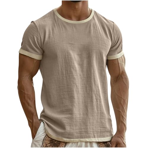 Men's Cotton Linen T Shirt Short Sleeve Crew Neck Tops Casual Summer Shirt Lightweight Loose Shirts Classic Basic Shirts Khaki XL