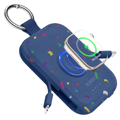 Image of RORRY CharmGo Portable Charger, 5000mAh Portable Charger Power Bank with Built-in Cables, Travel Keychain Battery Pack for Apple Watch and iPhone Air /17 /16 /15 /14 /13 /12, Confetti-Deepblue