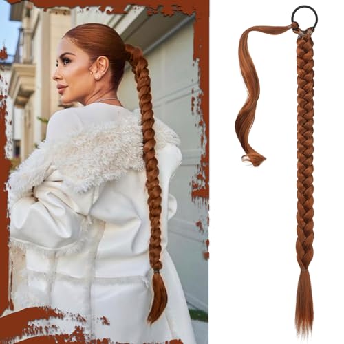 Sofeiyan Extensión de Coleta Trenzada con Coletero 76cm Extensiones de Pelo Largo Liso Trenza Coleta Postizos de pelo Sintéticos Naturales para Mujer，Rojo Cobrizo