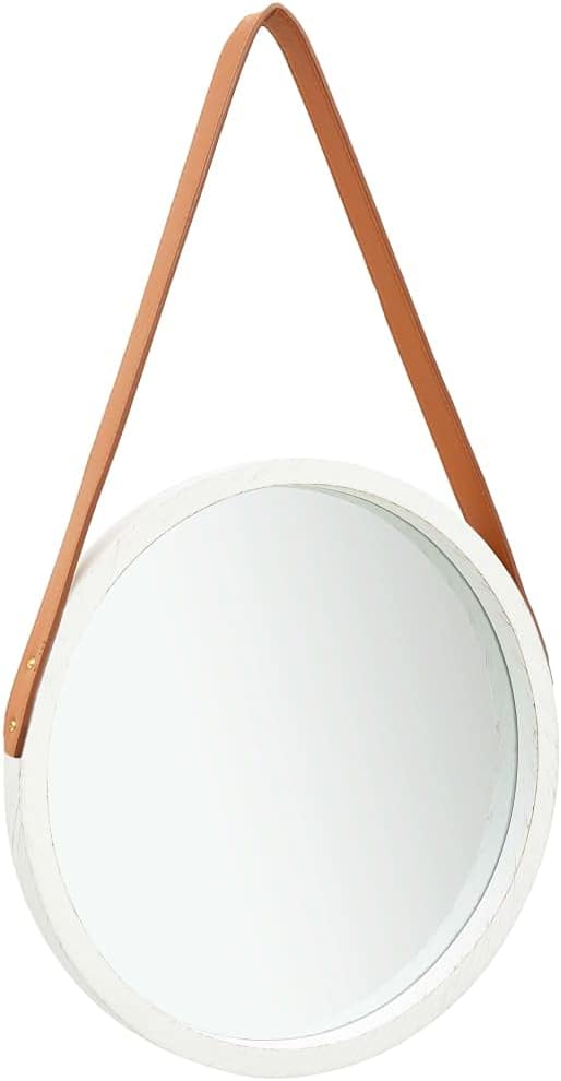 vidaXL Hanging Wall Mirror with Adjustable Strap, 15.7" Diameter, Faux Leather and Paulonia Wood Material, Retro Round Design in White Color