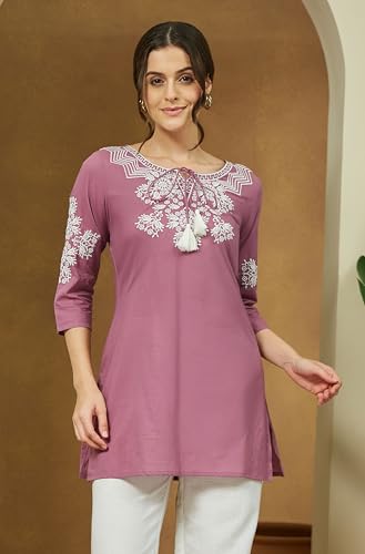 Image of Janasya Women's Purple Pure Cotton Embroidered Straight Tunic