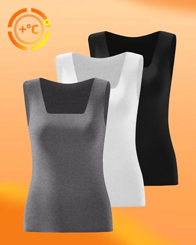 Velvelhall 3 Pack Women's Thermal Tank Tops, Fleece Lined Raw Hem Sleeveless Tops Camisole Warm Square Neck Base Layer Vest(Black, White, Lead Gray,Medium)