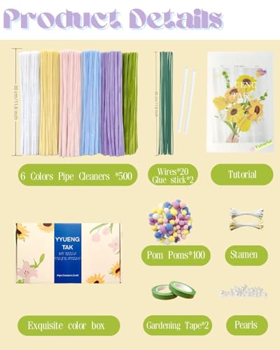 YYUENG TAK 500 Stück Pfeifenreiniger Blumen Set(6 Farben),Pfeifenputzer zum Basteln Blumen,pipe cleaners flower,mit Anweisungen,pompons,20 Stück Blumendraht,2 verschiedene Staubblatt,Klebeband