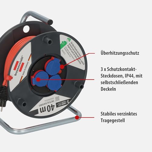 Brennenstuhl Kabeltrommel (Outdoor-Kabeltrommel mit 40m Kabel in rot, aus Spezialkunststoff, für die vorübergehende und zeitlich begrenzte Verwendung im Freien, IP44, Made in Germany)