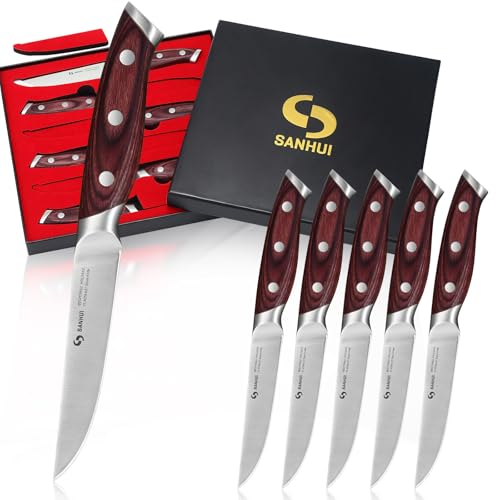 SANHUI Steak Knives Set of 6,4.5 Inch High Carbon Stainless Steel Steak Knives with PakkaWood Handle,Steak Knife with Gift Box for Home Kitchen, Grilling & Dinner Parties – Dishwasher Safe