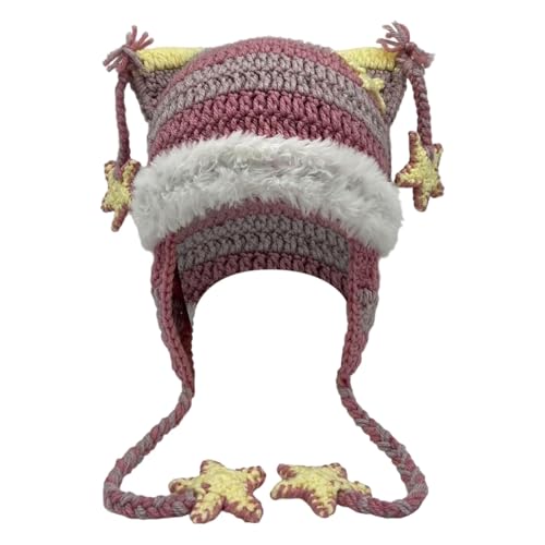 Bonnet d'hiver tricoté rayures étoilées oreilles de chat pour femme rose taille unique