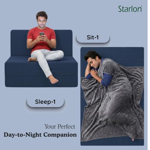 Image of Starlon 3 Seater Foldable Sofa Cum Bed 3-in-1 with Washable Jute Fabric Cover, Space Saving Guest Bed for Living Room & Apartment, Pre-Assembled Royal Navy Blue 5x6 Ft