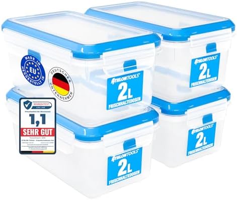 ATHLON TOOLS 4x 2L Frischhaltedosen-Set in Gastro-Qualität Auslaufsicher | 100% luftdicht -40 bis +100 Grad - für alle Lebensmittel - BPA-frei - Vorratsdosen für Kühlschrank [MADE