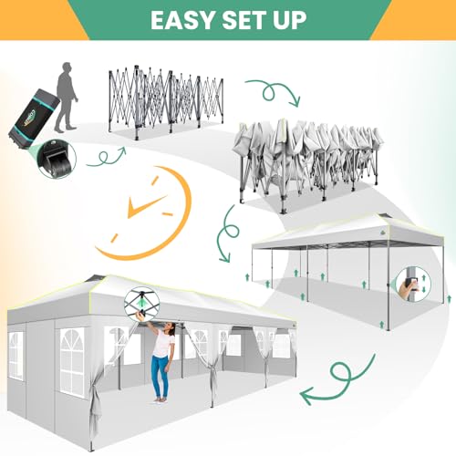 Image of COBIZI 10x30 Pop Up Canopy Tent, Wedding Party Tent with 8 Sidewall One Push Setup Glow, 3 Adjustable Height Air Vent Waterproof UPF50+, Wheeled Bag, Sandbag, Stake, Rope for Commercial, Outdoor