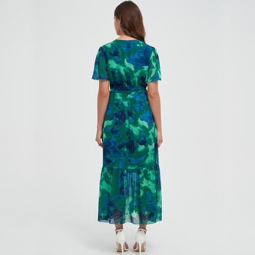 Image of Women's Summer Bohemian Floral Chiffon Dress Cap Sleeve V Neck Ruffle Long Flowy Boho Casual Vacation Dresses