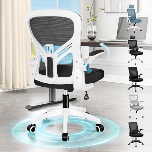 Image of ELFORDSON Mesh Office Chair with Adjustable Lumbar Support, Mid-back Ergonomic Desk Chairs for Home Office, Height Adjustable Swivel Computer Chair with Flip-up Armrest, Tilt Function, Black & White