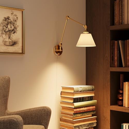 Image of Gold Plug in Wall Sconce, Swing Arm Wall Light with 6.6FT Plug in Cord, Two Adjustable Arms, Fabric Shade, E26 Base, Hardwired Wall Lamp for Bedroom, Reading, Living Room, Hallway (1 Pack)