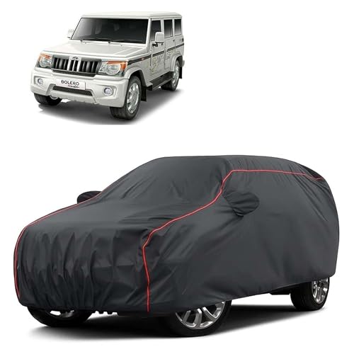Image of Sulfar 100% Water Resistant Car Body Cover Compatible with Mirror for Mahindra Bolero (Triple Stitched, Full Bottom Elastic, Dark Grey Taffeta with Red Piping)
