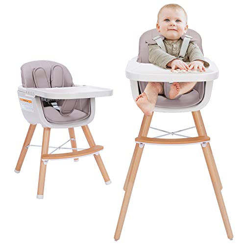 Image of 3-in-1 Wooden High Chair Made of Sleek Hardwood & Premium Leatherette, Baby High Chair with Adjustable Legs & Dishwasher Safe Tray, Ideal for Small Apartment,Pink