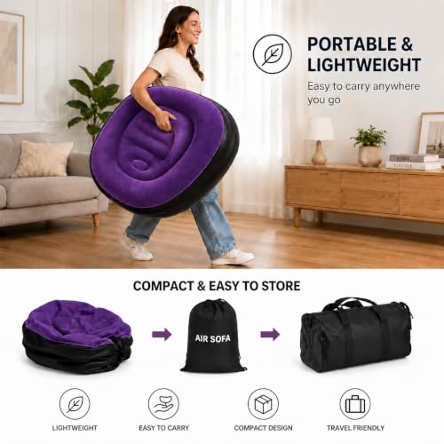 Image of Inflatable Air Sofa Chair with Ottoman & Automatic Electric Pump, Portable Flocked Blow Up Lounge Chair for Living Room, Bedroom, Camping & Outdoor Use (Purple)