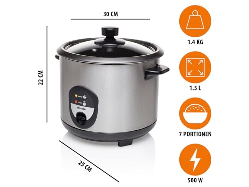 Tristar Reiskocher, 1,5 Liter, Reis für bis zu 10 Personen ohne Anbrennen, Mit Warmhaltefunktion, 500W, Edelstahl, RK-6127, Silver – Ansicht 2