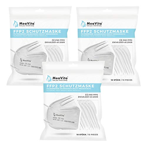 MeaVita FFP2 masker (30 stuks), EU CE-gecertificeerde mond- en neusbescherming conform EN149:2001+A1:2009, adembescherming hoge filtratie, deeltjesfiltermasker, elastiek