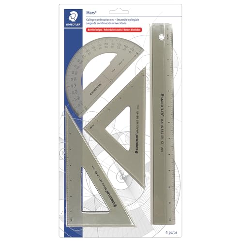 STAEDTLER College Combination Set - Triangle, Protractor & Ruler Set, Transparent Smoke Plastic with Beveled Edges, 4-Piece Set