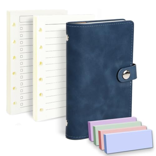 Classeur A7 à 6 anneaux bleu rechargeable avec papier ligné et poches