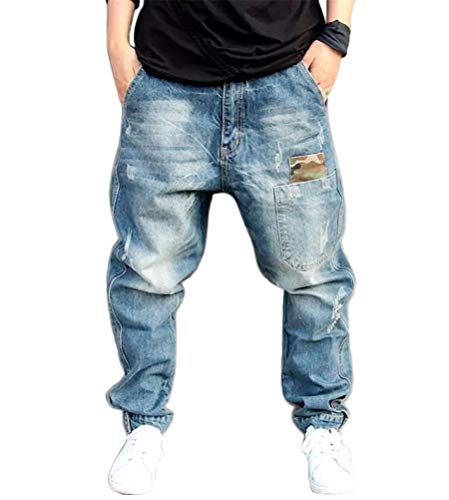 ORANDESIGNE Uomo Hip Hop Jeans Pantaloni Stile Hipster Jeans Rap Denim Urban Skate Gamba Dritta Allentata per Adolescenti Gamba Larga Jeans Baggy F Azzurro 3XL