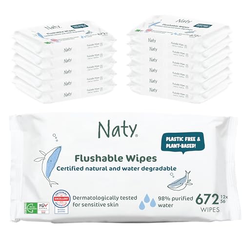 Image of Naty Flushable Baby Wipes, 98% Water & Hypoallergenic, 672 Ct. (12 Packs) | Natural for Sensitive Skin, Unscented, Plant-Based, Fragrance-Free, Gentle for Newborn & Toddler