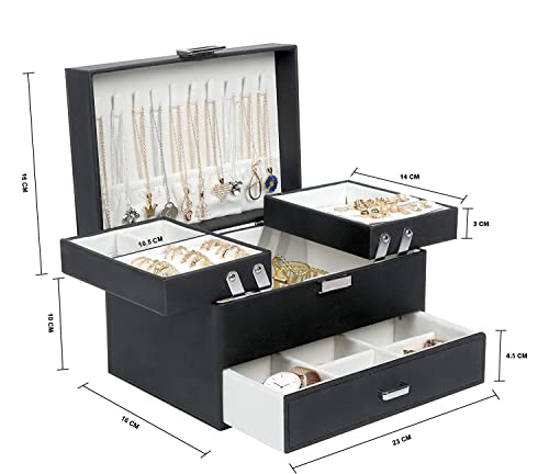 Image of Sagrach PU Leather Jewelry Storage Display Case for Drawer Dresser | Jewellery Holder Trays for Earring Ring Necklace Watch (1Pc, 22.5cm x 14.2cm x 14.2cm, Black)