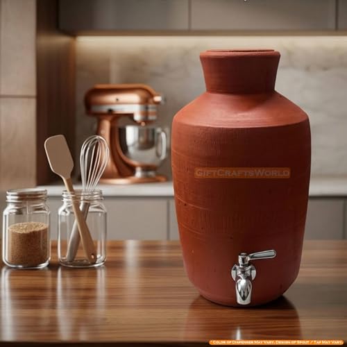 Image of Terracotta Clay Water Dispenser with Tap and Lid - Mitti Ka Ghada for Water Cooling, Eco Friendly Earthen Pot, Traditional Home Kitchen Drinkware Storage Container (15 Liters)