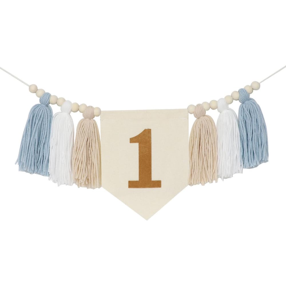 Birthday Banner, 1st Highchair Banner with Wood Beads & Tassels Hanging Decoration for Party Holiday Anniversary Celebration