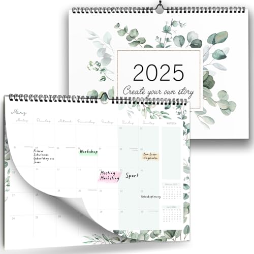Wandkalender 2025 I Monatskalender mit Kästchen als A4 Quer Kalender I Eukalyptus, Blumen I Perfekt für Paare, Singles oder Familien I Monatsplaner für Zuhause oder Büro...