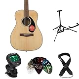 Fender CC-60S Acoustic Guitar Beginner Bundle: Solid Spruce Top, Mahogany Body, Rosewood Fingerboard, Stand, Tuner, Strap & 12 Guitar Picks