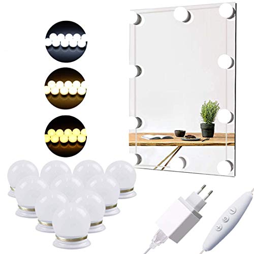 Luces LED Para Espejo, Guenx 10 Bombillas regulables Cable Hollywood, 3 Modos Ajustable de Color de Luz, Tocador, Espejo,Baño,Regalo para Fiesta,Cumpleaños [Clase de eficiencia energética A]