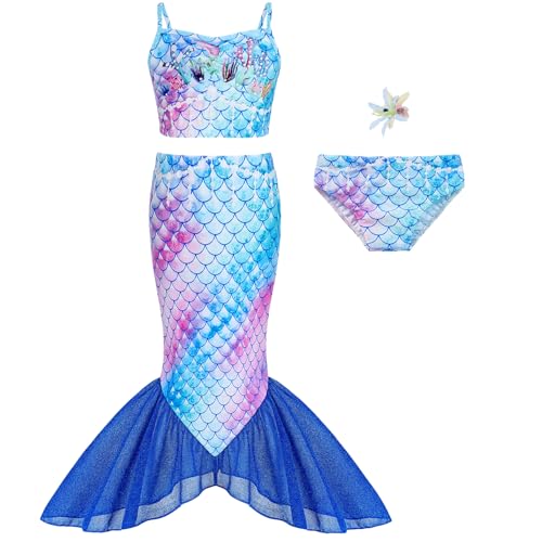 Blue Mermaid Girls Bathing Suit 3Pcs Bikini Bottoms Fish Tail Swimsuit Kids Beach Pool Swimwear 3-4Y