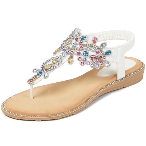 Image of iCKER Women Flat Thong Sandals Rhinestone Sparkly Boho Elastic Ankle Strap | Non‑slip TPR Outsole,Matches Summer Dresses,Ideal for Vacation,Wedding and festival