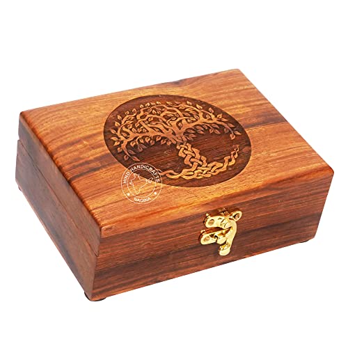 Image of Rosewood Handmade Wooden Urn Tree of Life Engraving Handcarved Jewellery Box for Women-Men Jewel | Home Decor Accents | Decorative Boxes | Storage & Organiser (7 inch x 5.5 inch x 3.5 inch, Tree - 5)
