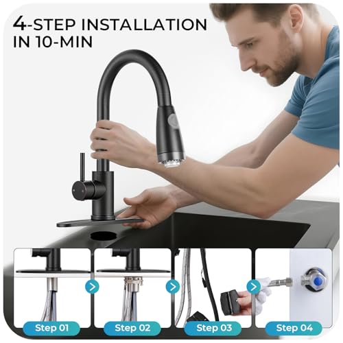 Image of LED Kitchen Faucet with Pull Down Sprayer - ORB Single Handle Kitchen Faucets, High Arc Stainless Steel Pull Out Kitchen Sink Faucet with Deck for RV Laundry Farmhouse Bar