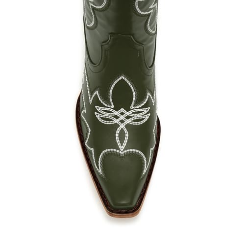 Image of Uillnoodu Women's Turquoise Cowgirl Boots - Wide Calf Mid Calf Western Boots Plus Size Embroidered Cowboy Style with Block Heel
