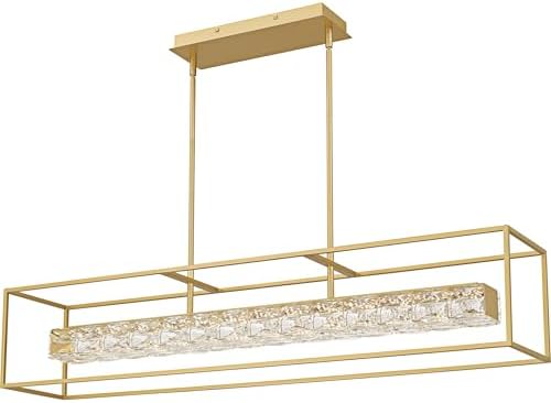 Quoizel Platinum Dazzle Modern Crystal-Glass LED Island Chandelier, 48 Inch Soft Gold Linear Chandelier, 38W, Max Hanging Height 50", Ceiling Light for Kitchen, Foyer, Entrance or Living Room