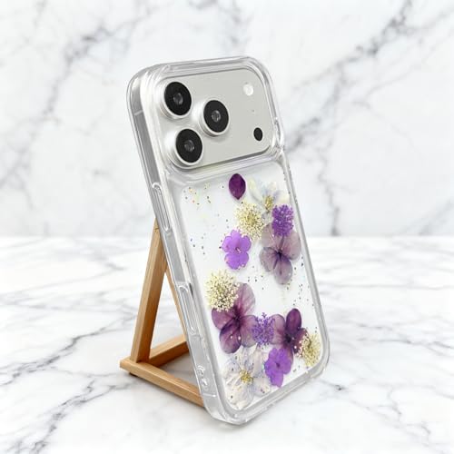 Coque iPhone 17 Pro Max esthétique violet pailleté avec fleurs séchées - 4