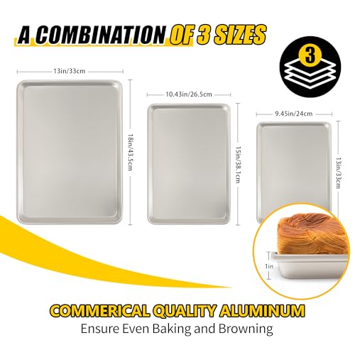 Image of Baking Sheet Pan Set of 3, Commercial Quality Aluminum Cookie Sheets for Oven, Umite Chef Warp Resistant Baker's Half /Quarter /Jelly Roll Pans, Thick Cookie Tray Pans for Baking, Roasting