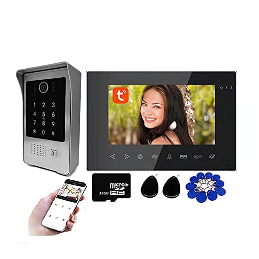 Tuya WiFi-videodörrklocka, Videodörrtelefonintercom, RFID-kortlösenord APP-upplåsning, säkerhetskamera + 7-tums bildskärm + 32G SD-kort,Black