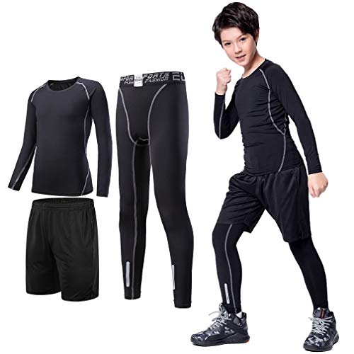 Image of 2 /3 /4 Pcs Boys Girls Base Layer Athletic Compression Leggings and Shirts Thermal Underwear Set Running Pants Tights