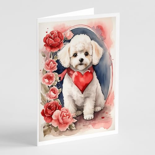 Caroline's Treasures DAC4365GCA7P Bichon Frise Valentine Roses Greeting Cards Pack of 8 Blank Cards with Envelopes Whimsical A7 Size 5x7 Blank Note Cards