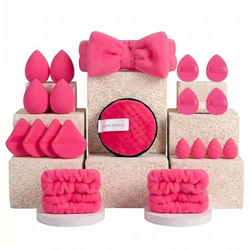 Image of 20pc Essential Makeup Sponge Kit Set - Soft-Touch Makeup Sponges for Cream & Liquid - Aesthetic Bow Spa Set & Wristbands - Under-Eye Precision Puffs & Blender Cleaner - Complete Beauty Organizer Kit for Girls & Women (Cyber Pink Edition)