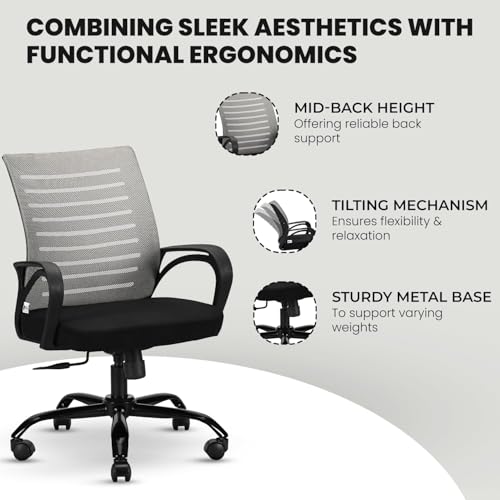 Diego Office Chair with Height Adjustable Mechanism, Ergonomic Mid-Back Mesh Design |Heavy Duty Metal Base | Multi-Adjustment Revolving Chair (Self Assembly) (Mid Back, Grey) - Image 5