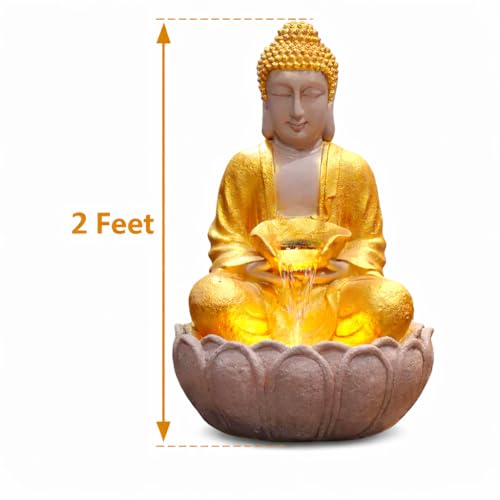 Image of 2 Feet Kamal Buddha Water Fountain for Home & Garden|Fiber Buddha Fountain with LED Light|Indoor Outdoor Fountain for Vastu & Positivity (Golden, 2 Feet Kamal Buddha Fountain)