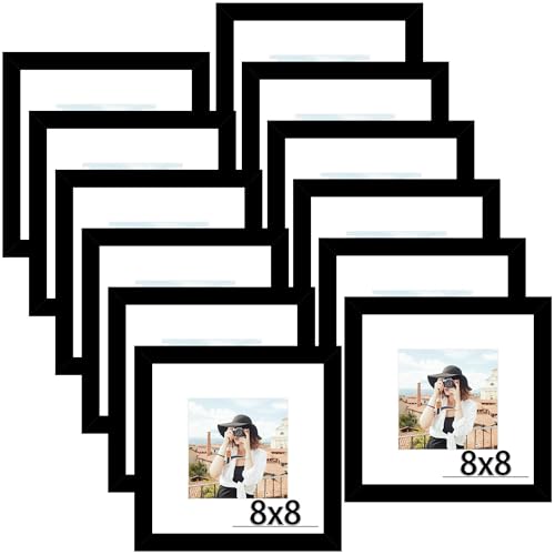 Picrit 8x8 Picture Frame Set of 12, Display 5x5 with Mat or 8 x 8 without Mat, Photo Frames for Wall Mounting or Table Top Display, Black