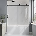 EASYWORC Bathtub Shower Door Frameless, 55-60" W x 60" H Sliding Tub Shower Door, 1/4''(6mm) SGCC Tempered Glass with Explosion-Proof Film Nano Coating, Stainless Steel Hardware, Matte Black