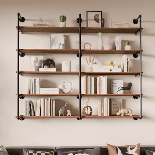 Industrial Pipe Shelf 5 Tier,72 inch Industrial Wall Shelves with Solid Wood Plank,Pipe Shelving Wall Mounted for Farmhouse,Floating Pipe Book Shelves for Kitchen and Bar Shelving