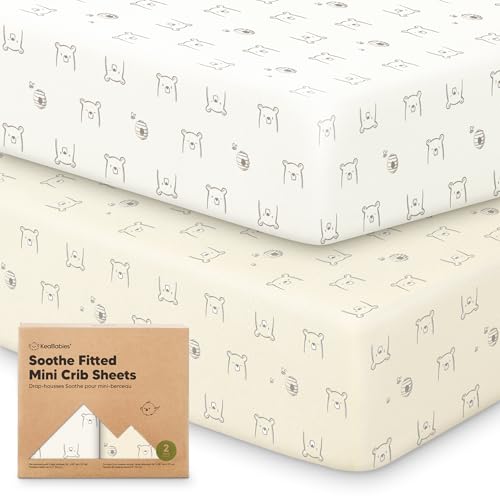 Image of 2-Pack Mini Crib Sheets Fitted - 38x26 Pack N Play Sheets for Pack and Play Mattress, Organic Cotton, Soft & Breathable Playard Bedding, Neutral Mini Toddler Bed Cover for Boys, Girls (Bumble Bear)
